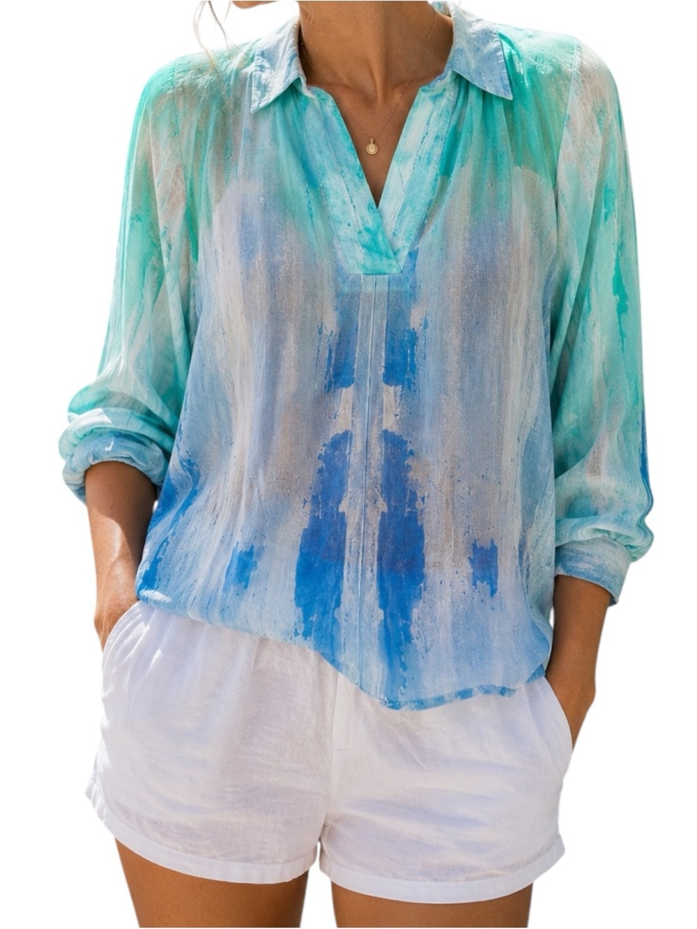 APNY Watercolor Cupro Tunic Blouse Blue Aqua Relaxed Medium